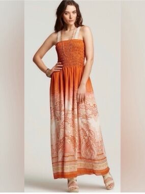 Free People Megs Smocked Maxi Dress Sz Small Orange